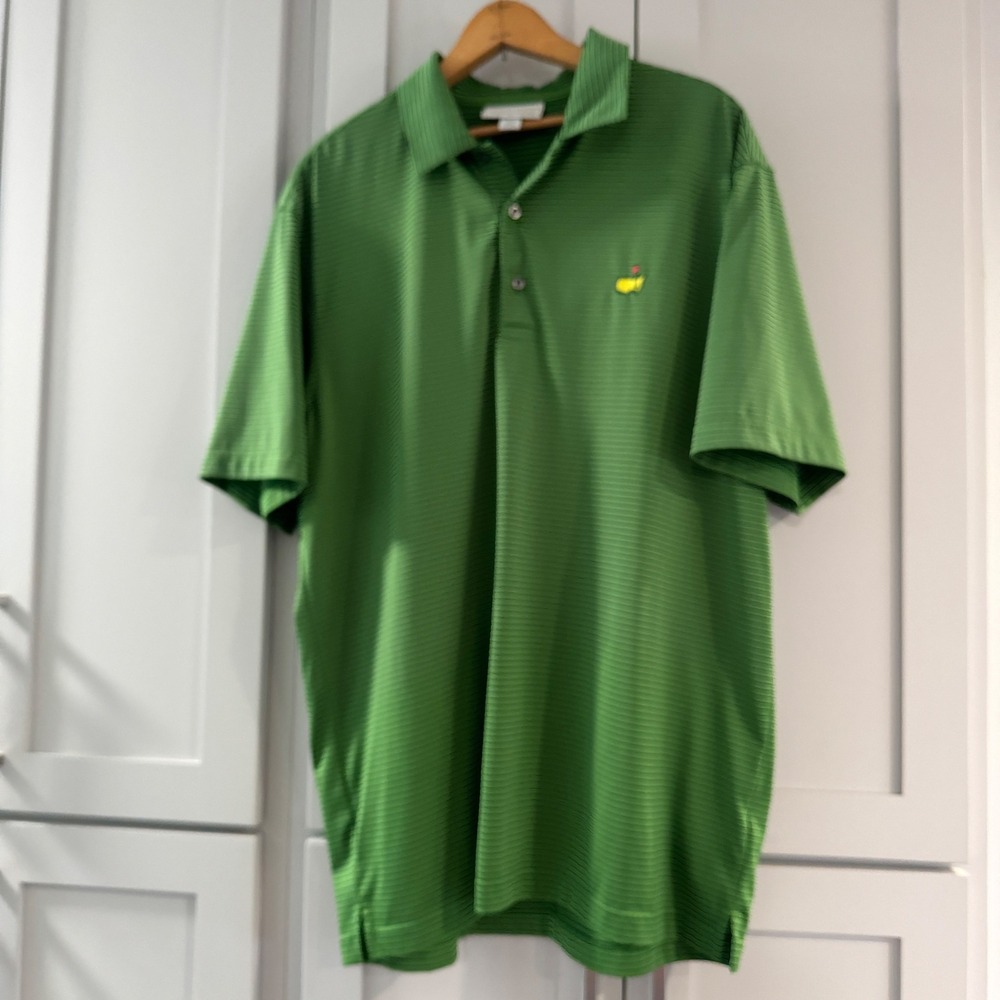 Masters Performance Golf Polo Shirt Green Navy Stripe Mens Large Masters Logo